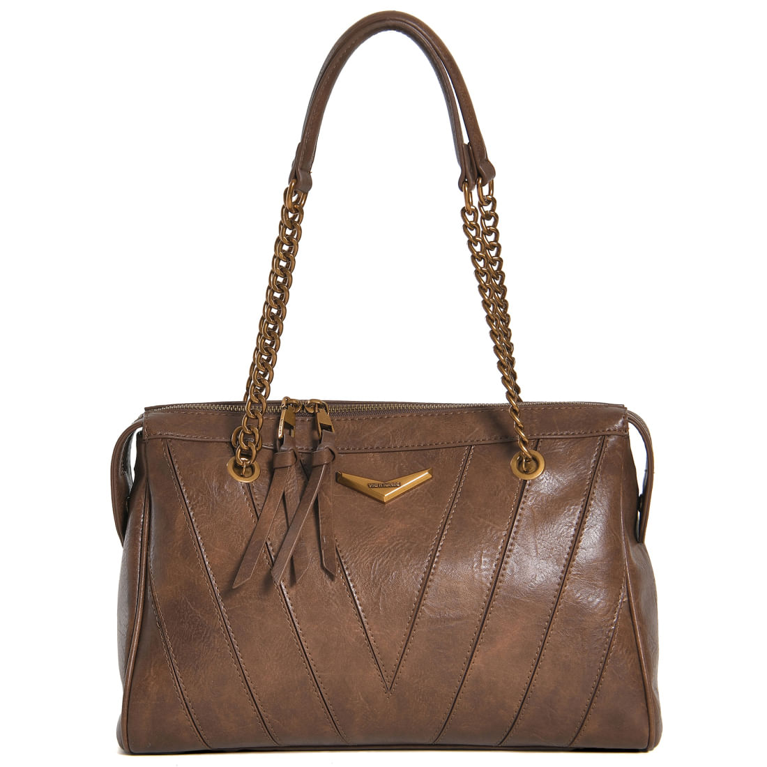 Bolsa Via Marte Shoulder Bag Feminina Marrom com alça corrente dourada em ângulo frontal
